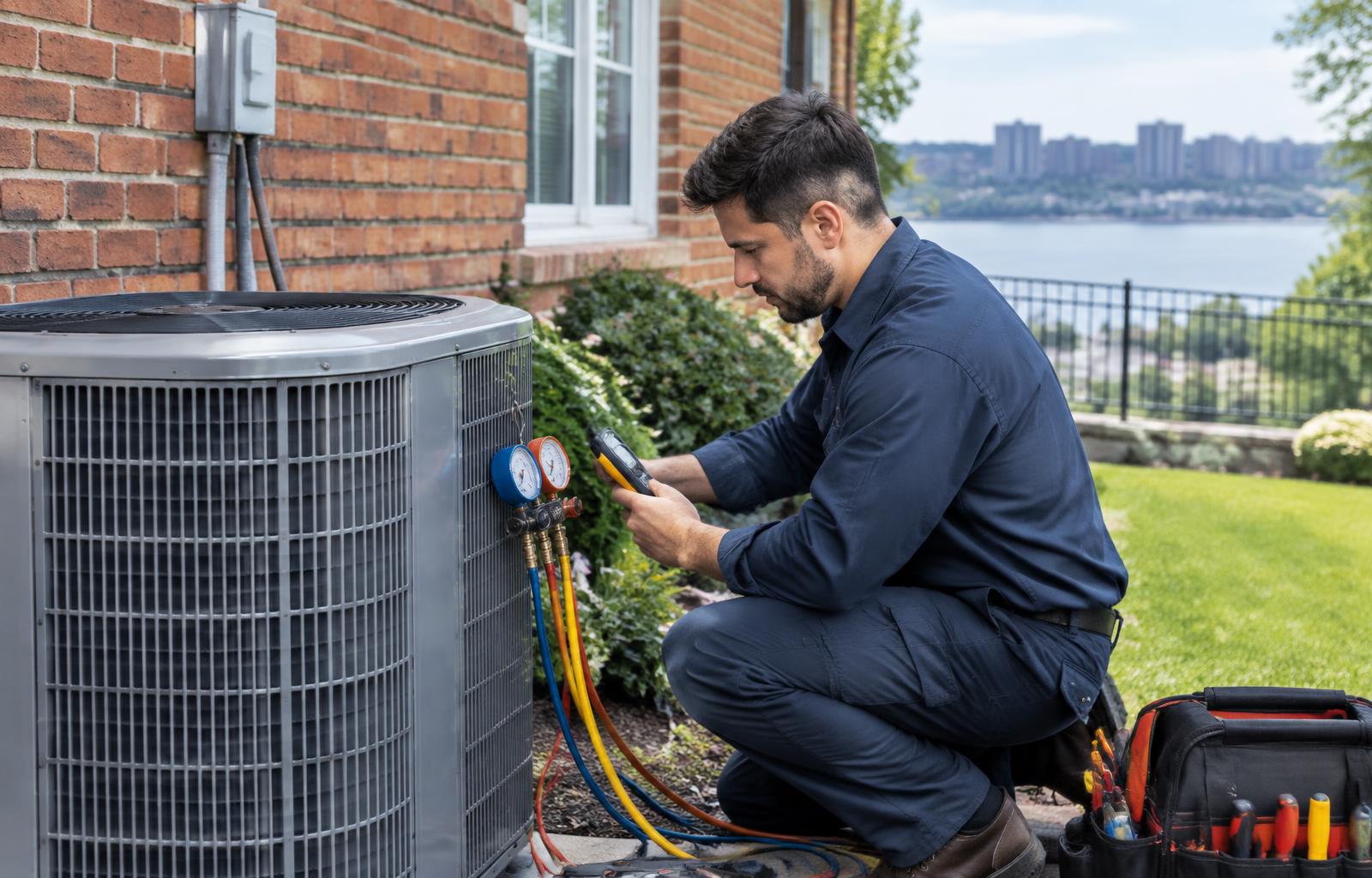 West Valley City HVAC technician servicing a residential air conditioner